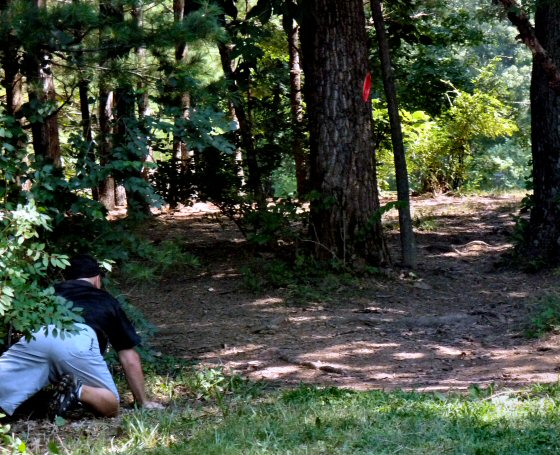 Brad Schick had to bear down to get this shot out of the woods and save par at the Hambrick Memorial in Columbus, Ohio